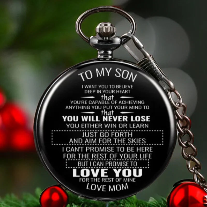 Vintage Pocket Watch "To My Son" Black Round Engraved Smooth Fob Chain Pocket Quartz Watch Fashion Necklace Pendant Clock Gift