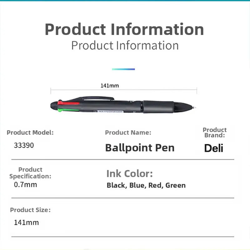 Deli Multi color Ballpoint Pen  Four color Ink Pen Color Atomic Pen Multi functional for Taking Notes and Marking Black Blue Red