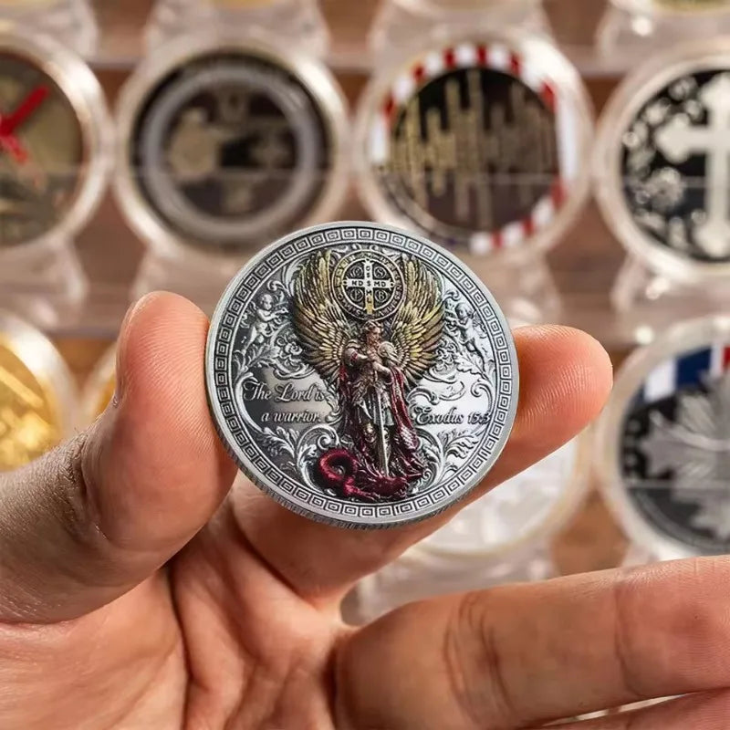Challenge Coin Catholic Religious Token Silver-Plated Alloy Polished Round Size Saint Michael Archangel Design Faith Gift