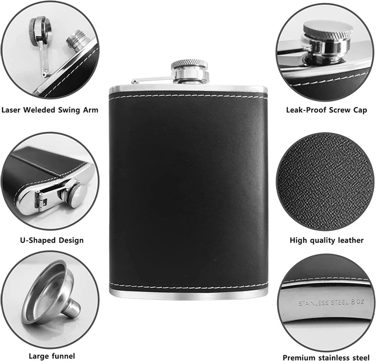 LMETJMA 8 Oz Hip Flask Black Leather Flask Stainless Steel Soft Touch Leather Wrap Flask with 1 Funnel Whiskey Rum Flask KC0465
