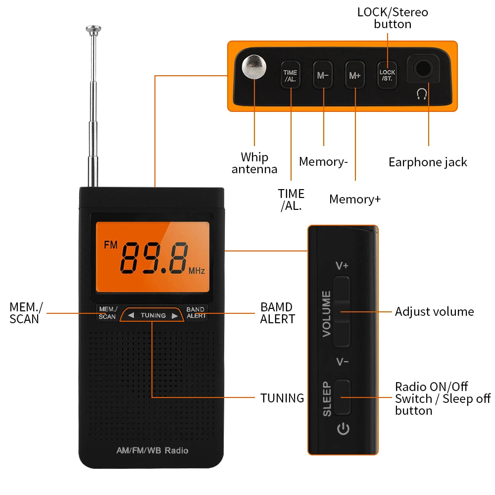 Mini Portable AM FM NOAA Radio Weather Radio Mini Pocket Radio Excellent Reception Large LCD Screen Digtail Alarm Clock Radios