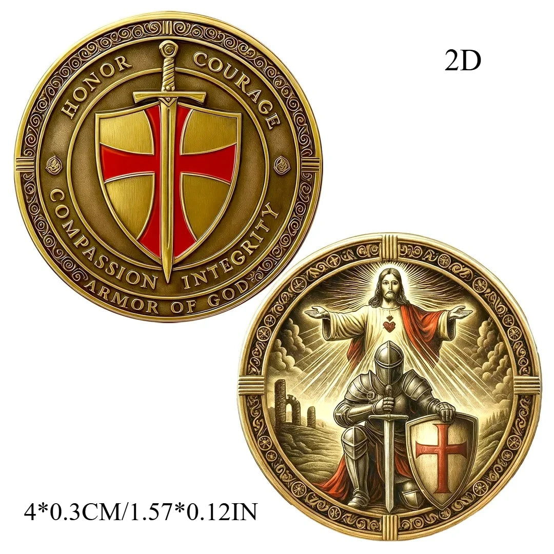 2D Armor of God Templar Coin Gold Plated Christian Challenge Coin with Knight and Jesus Design