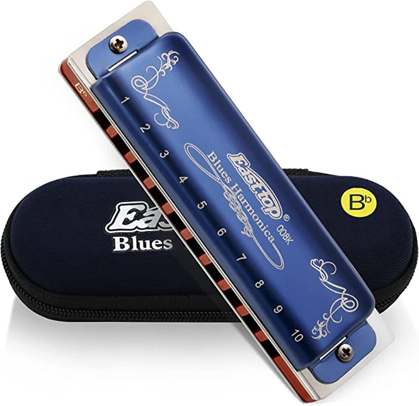 Harmonica 008K Blues Harp Mouth Organ10 Holes 20 Tones Diatonic Blues Harmonica with Blue Case, Top Grade Harmonica