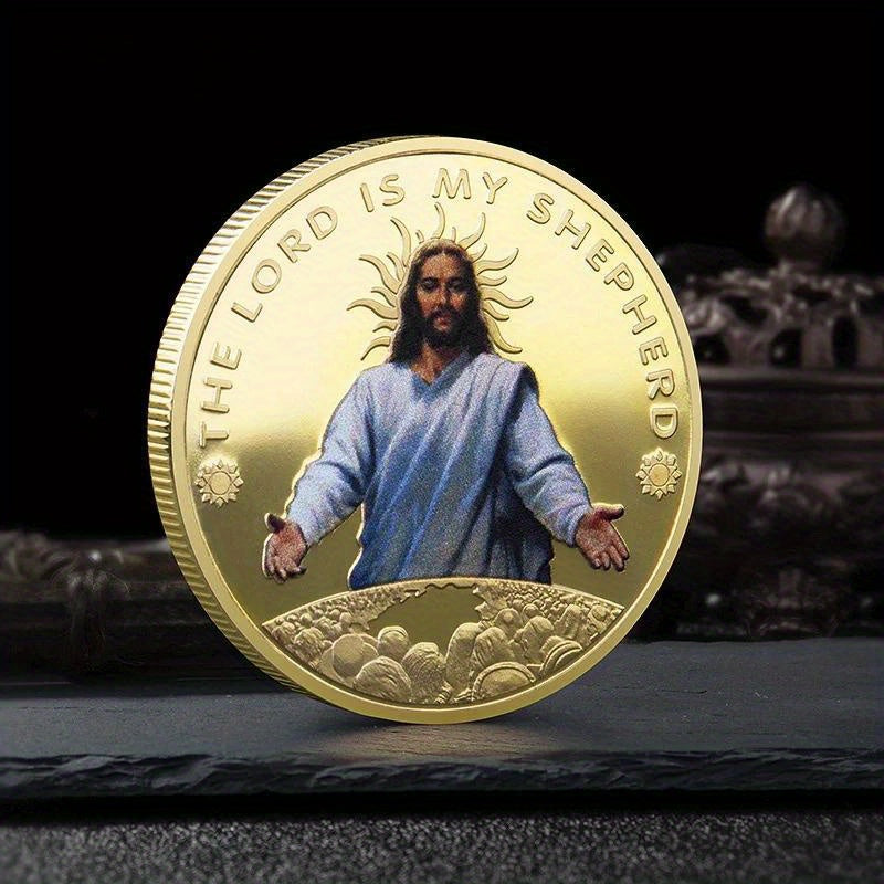 Jesus Colour Printed Metal Commemorative Coin Golden Plated Coin Stations of The Cross Pattern Souvenir Coin Collectible Coin