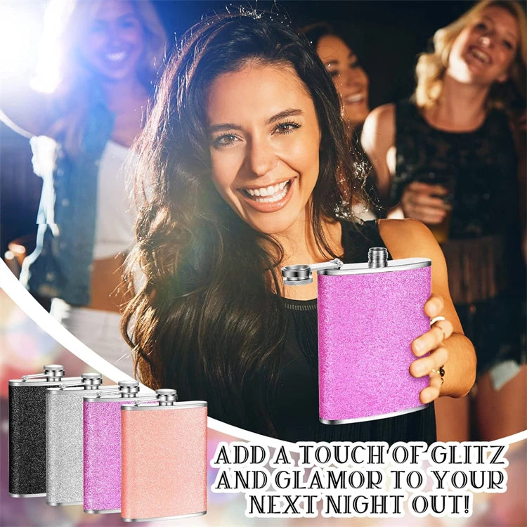 LMETJMA 8oz 230ML Hip Flask Stainless Steel Glitter Bling Liquor Flask for Women Leakproof Girl Whiskey Flask Pocket Flask JT376