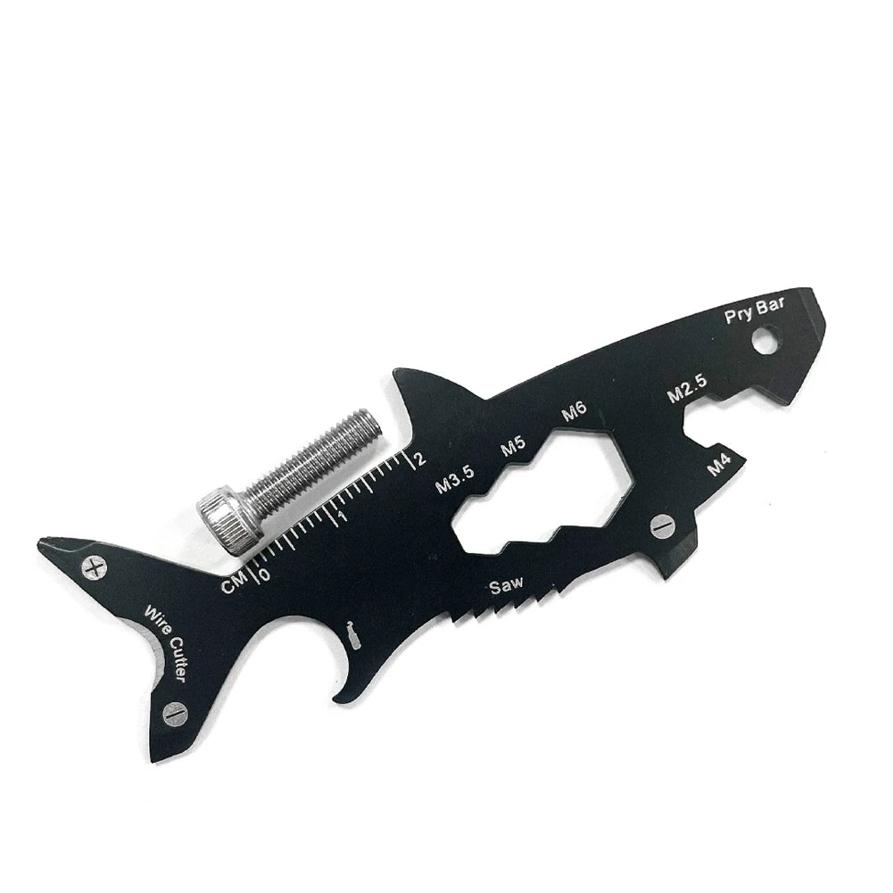 Multi-function 15 in 1 Shark Shaped Outdoor Bottle Opener Wallet Tool Card Stainless Pocket Screwdriver Survival Tool Keychain