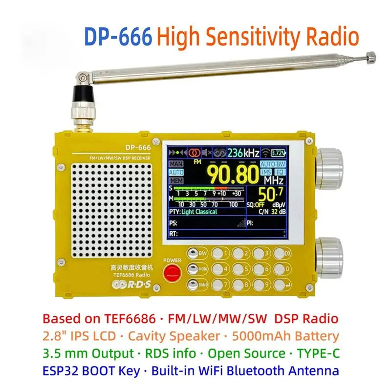 Efficientt-TEF6686 Radio DP-666 Radio High Sensitivity Full Band FM AM FM Short Wave Radio Broadcasting Station RDS