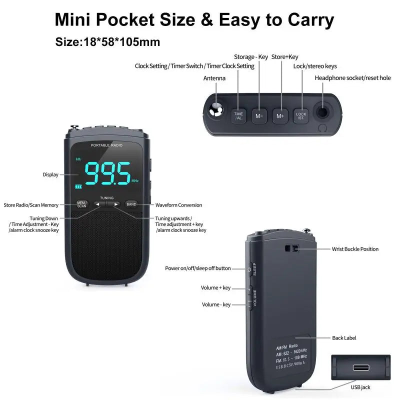 New Mini AM/FM Portable Radios Pocket Receiver Stereo Speaker Rechargeable Radio with Alarm Clock for Outdoor Weather Broadcast
