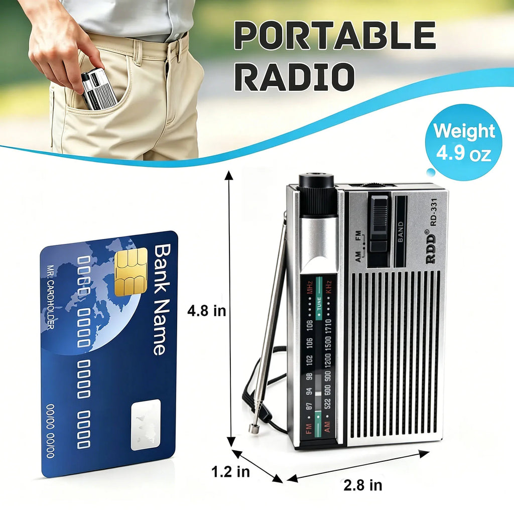 Mini Portable FM AM Radio Rehchargeable Vintage Dual Band Radios with Telescopic Antenna Rotary Switch 2 Power Supply for Elder