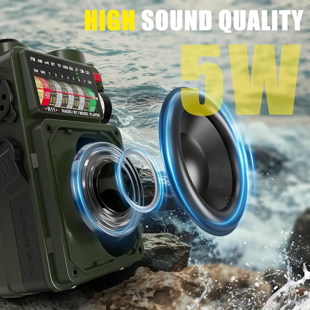 R11 Noaa Weather Radio Wireless Bluetooth Speakers Solar 4000mAh Self Powered Hand Crank Survival Wind Up AM/FM/SW/WB Band Radio