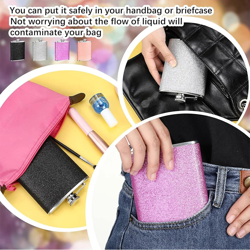LMETJMA 8oz 230ML Hip Flask Stainless Steel Glitter Bling Liquor Flask for Women Leakproof Girl Whiskey Flask Pocket Flask JT376