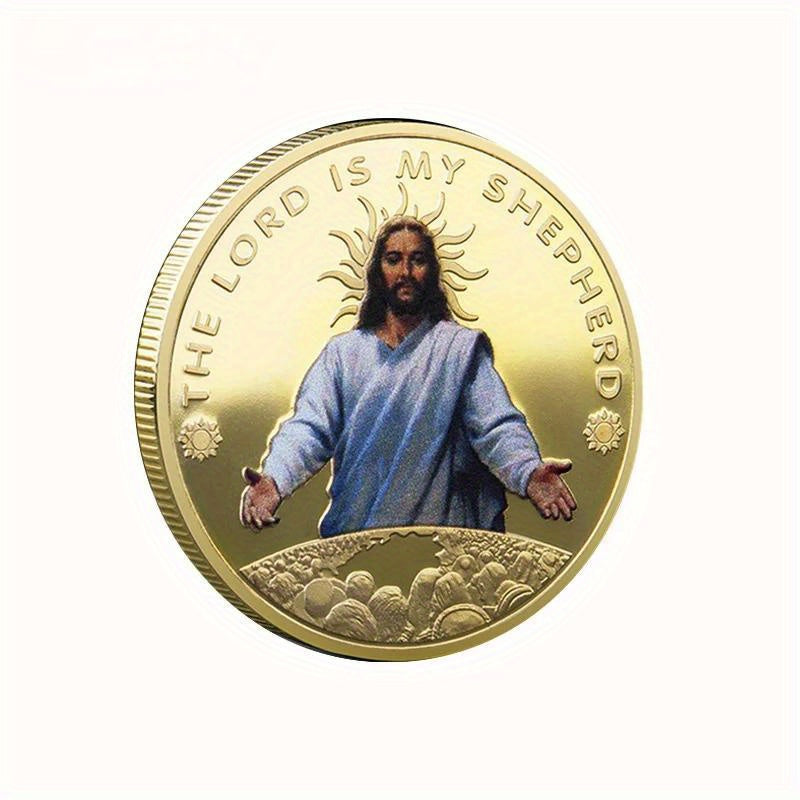 Jesus Colour Printed Metal Commemorative Coin Golden Plated Coin Stations of The Cross Pattern Souvenir Coin Collectible Coin