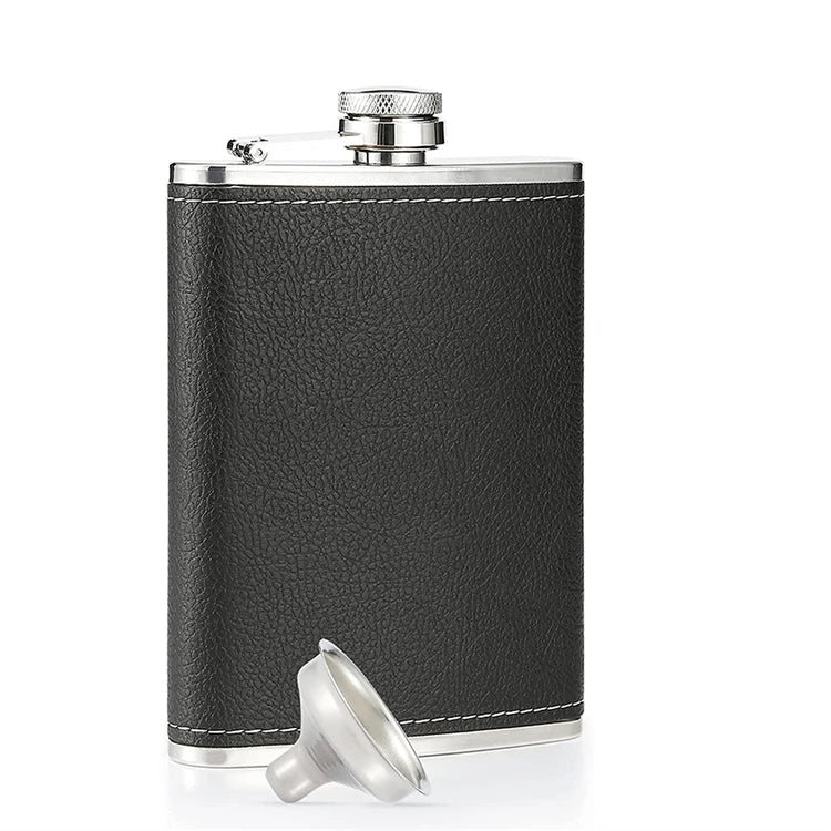 LMETJMA 8 Oz Hip Flask Black Leather Flask Stainless Steel Soft Touch Leather Wrap Flask with 1 Funnel Whiskey Rum Flask KC0465