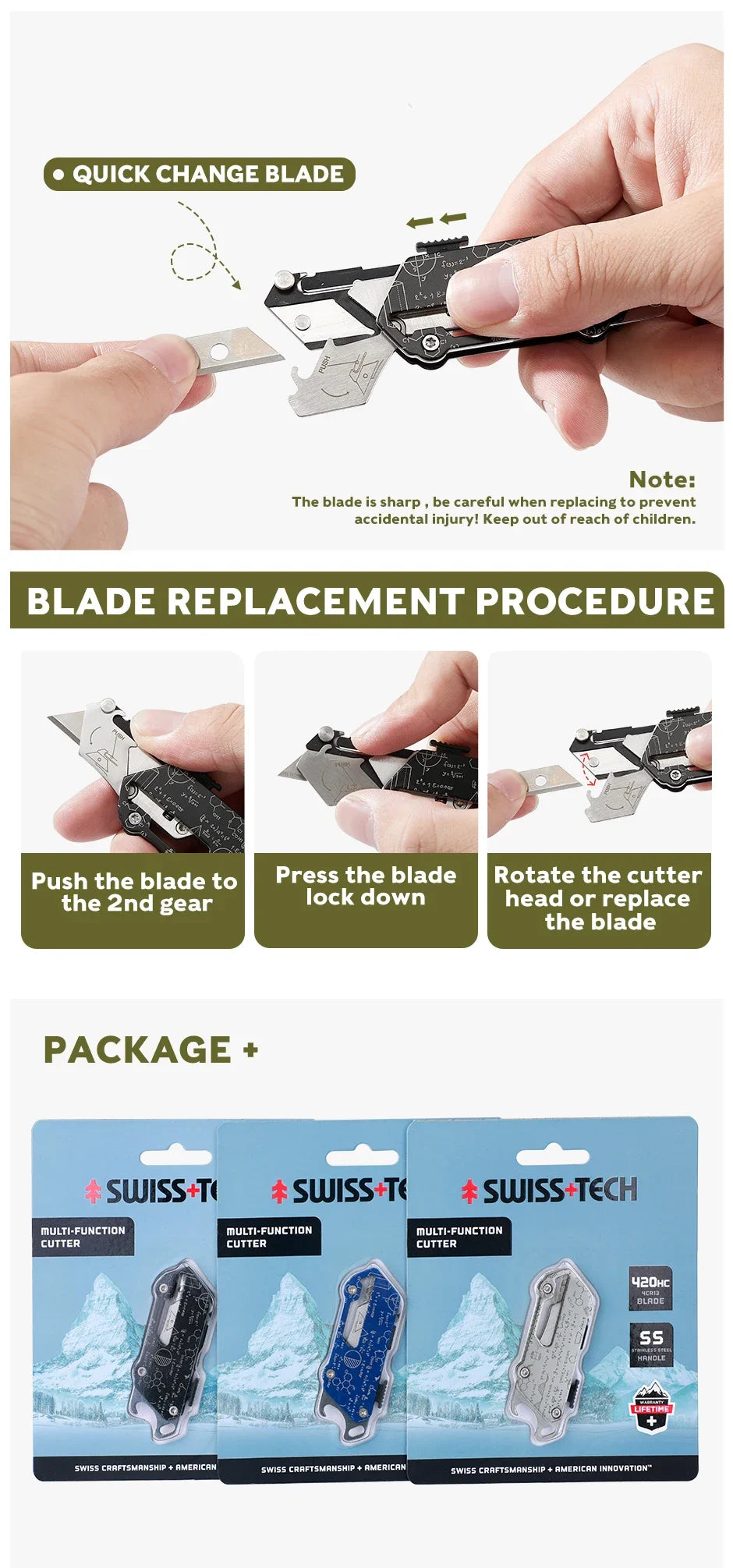 SWISS TECH Pocket Utility Knife Multitool Knives 2 In 1 Mini Stationery Knives Box Cutter Paper Cutting EDC Tool