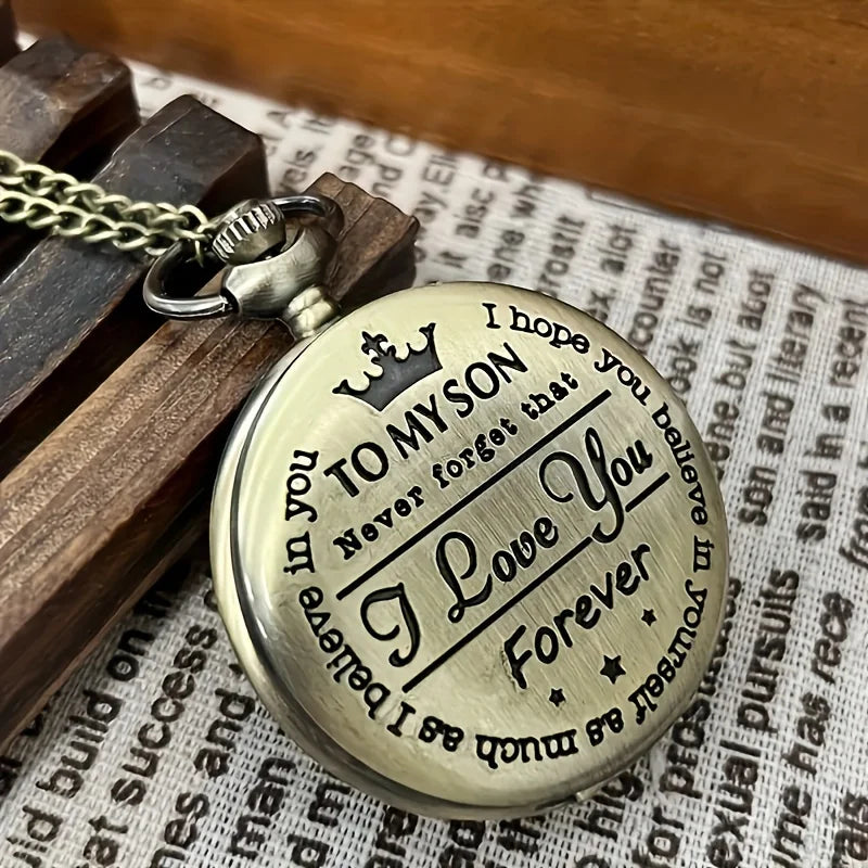 Vintage Pocket Watch "To My Son" Black Round Engraved Smooth Fob Chain Pocket Quartz Watch Fashion Necklace Pendant Clock Gift