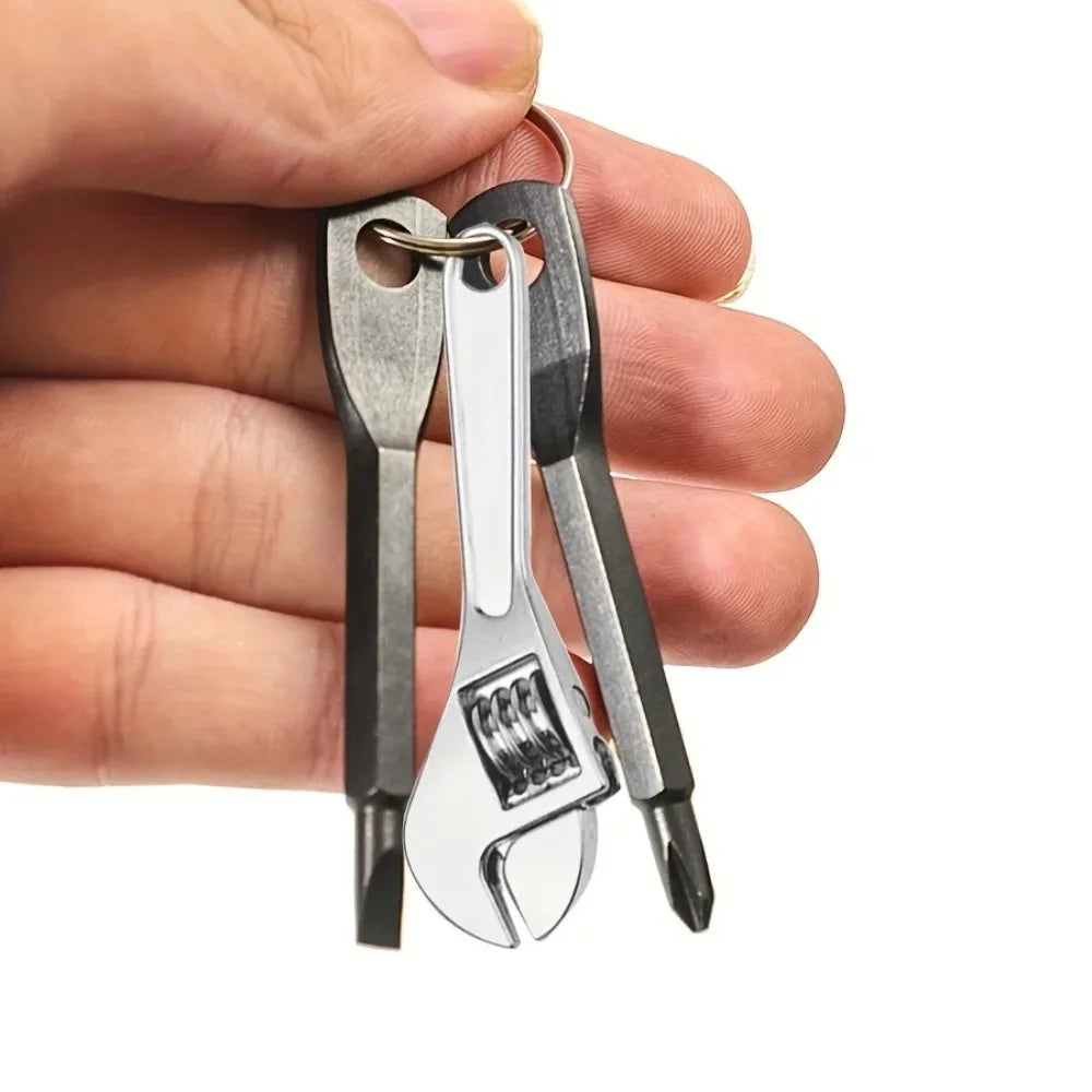 Pocket Mini Keychain Repair Tools Adjustable Small Wrench Slotted & Phillips Screwdriver Compact Metal Tool Kit with Keyring