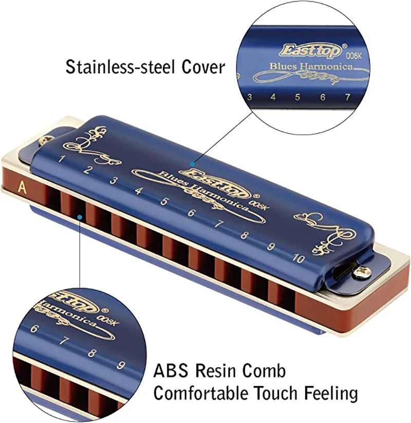 Harmonica 008K Blues Harp Mouth Organ10 Holes 20 Tones Diatonic Blues Harmonica with Blue Case, Top Grade Harmonica