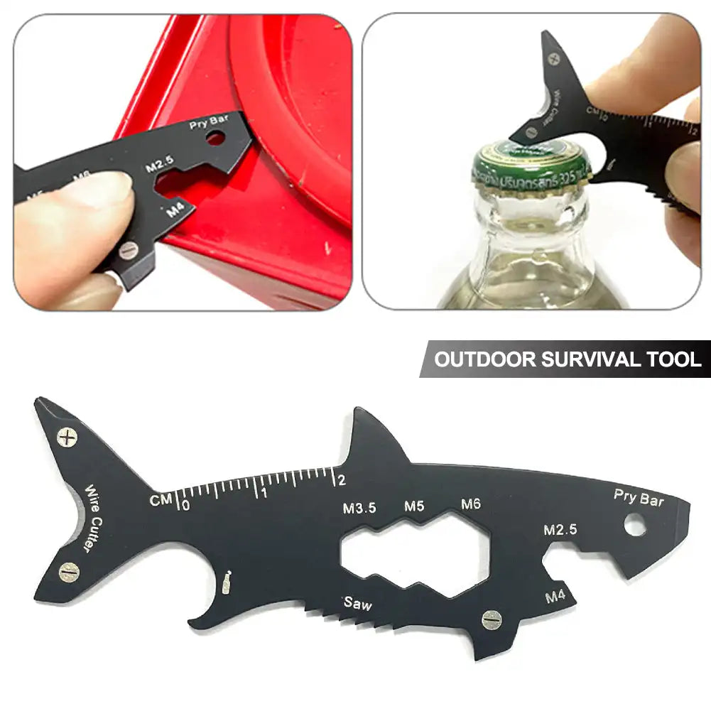 Multi-function 15 in 1 Shark Shaped Outdoor Bottle Opener Wallet Tool Card Stainless Pocket Screwdriver Survival Tool Keychain