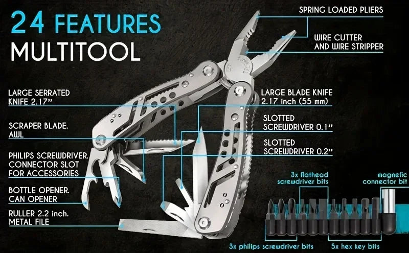 Multitool 24in1 With Mini Tools Knife Pliers And 11 Bits  Multi Tool All In One Multi Function Gear Camping Backpacking Survival