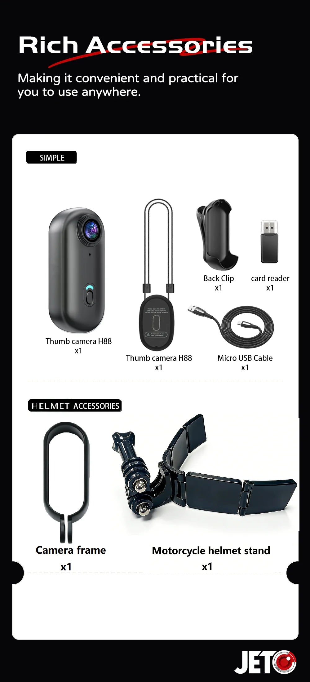 JETO H88 Helmet Handlebar Motorcycle Camera Road Sport Mini Body Cam Battery Body Cam Full HD Sports Action WiFi Camera