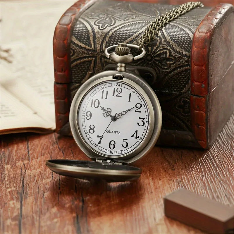 Vintage Pocket Watch "To My Son" Black Round Engraved Smooth Fob Chain Pocket Quartz Watch Fashion Necklace Pendant Clock Gift