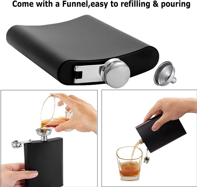 Camping Hip Flask 6 7 8oz Stainless Steel Black Hip Flask Set Leakproof Hip Flask with Funnel Alcohol Drinking Flask JT470