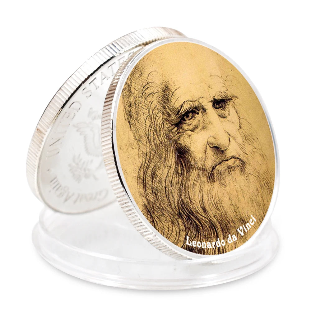 EU Style Sliver Coins Leonardo Da Vinci Paintings Coin Classic Metal Artwork The Renaissance Retro Commemorative Coin Home Decor