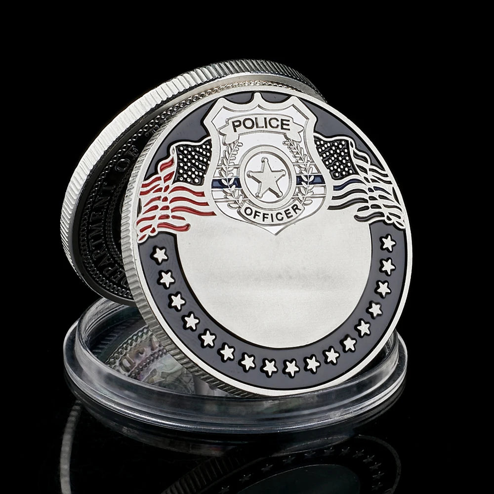 USA The Thin Blue Line To Protect And To Serve US Flag Police Officer Silver Plated Coin Collectible