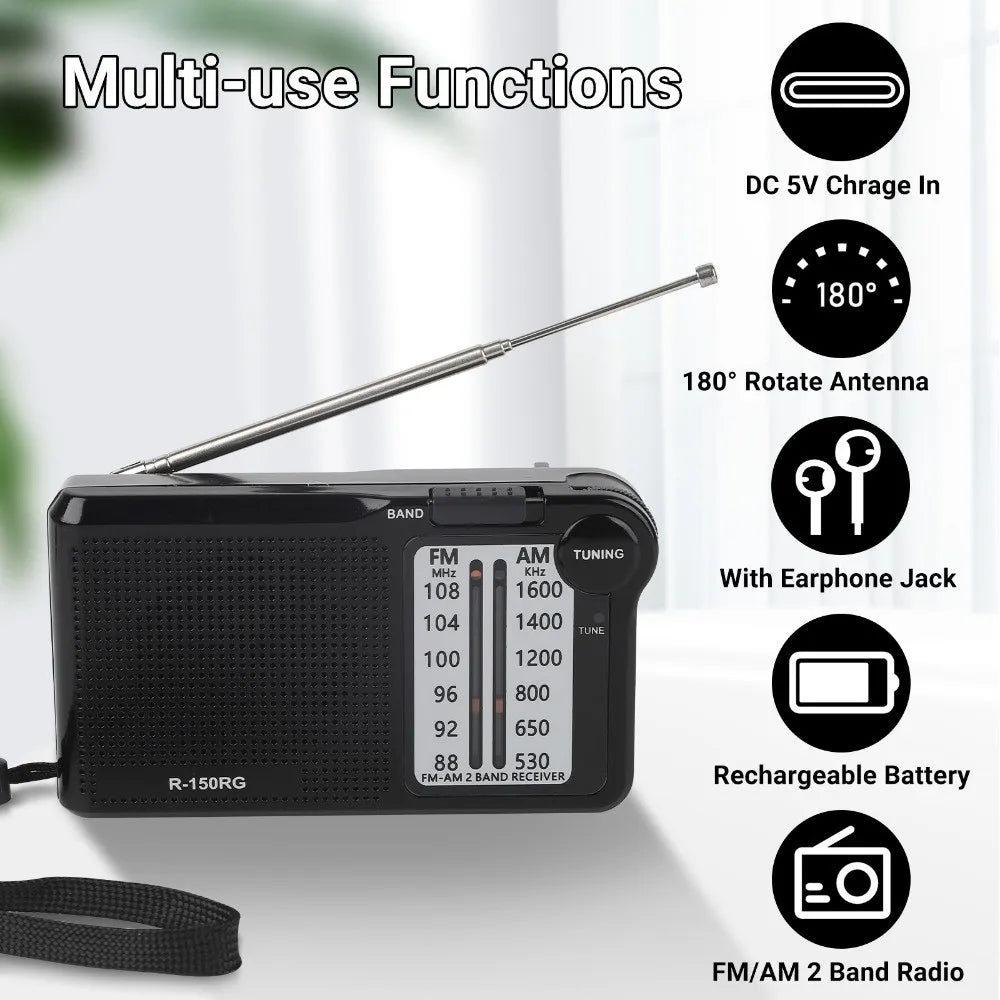 Pointer Radio 150RG AM/FM Radio Rechargeable Two Band Receive Pocket Radio Headphone Jack Mini Small Radio Indoor Use