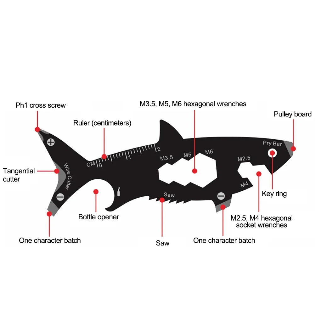 Multi-function 15 in 1 Shark Shaped Outdoor Bottle Opener Wallet Tool Card Stainless Pocket Screwdriver Survival Tool Keychain
