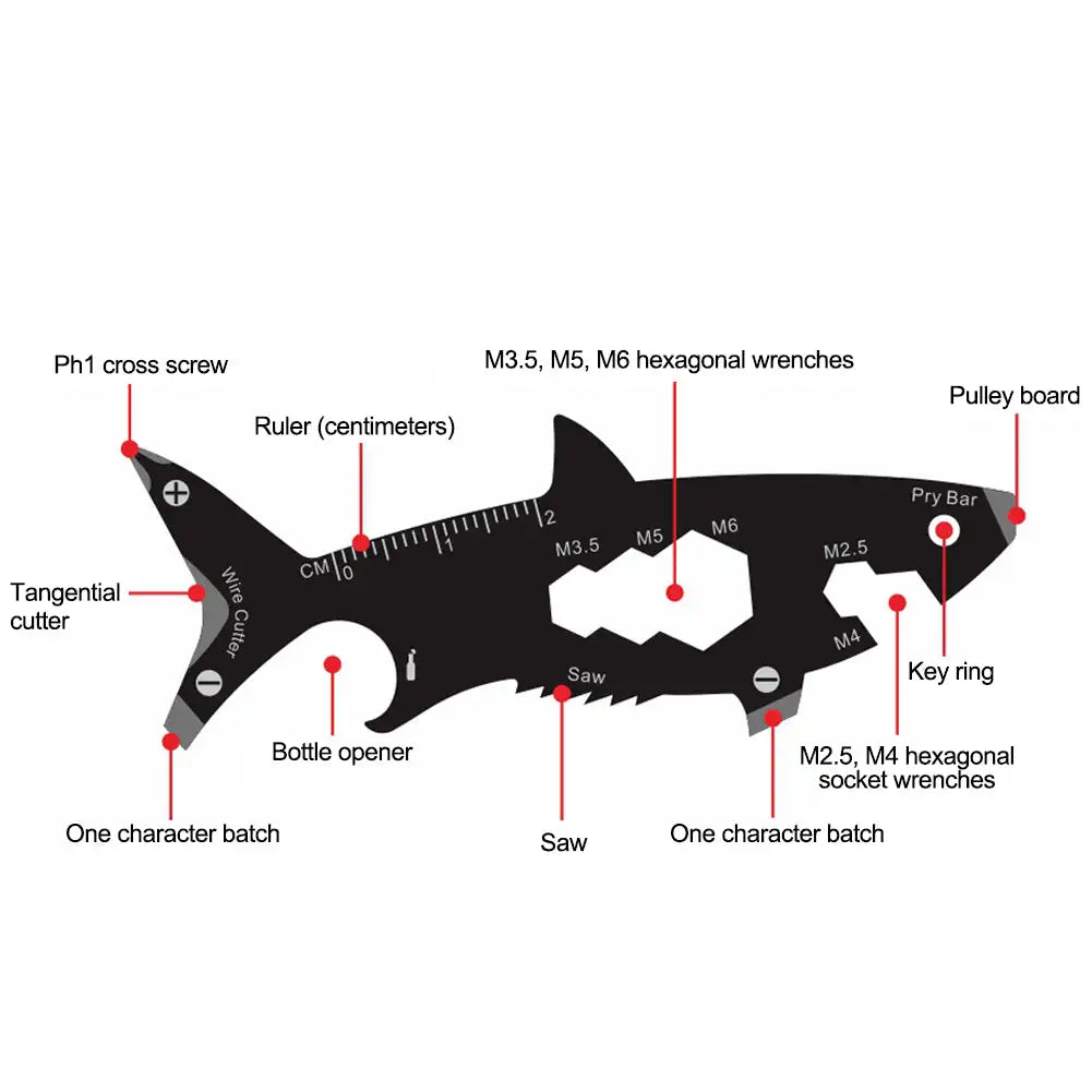 Multi-function 15 in 1 Shark Shaped Outdoor Bottle Opener Wallet Tool Card Stainless Pocket Screwdriver Survival Tool Keychain