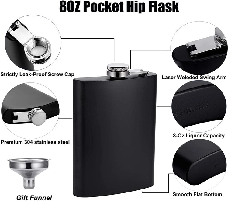 Camping Hip Flask 6 7 8oz Stainless Steel Black Hip Flask Set Leakproof Hip Flask with Funnel Alcohol Drinking Flask JT470