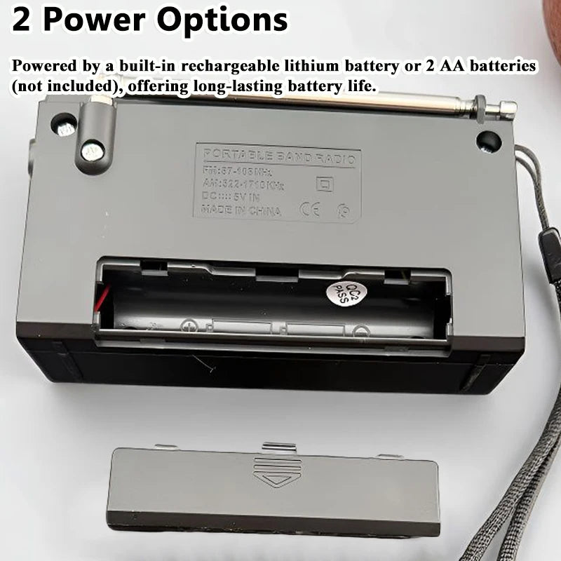 Mini Portable FM AM Radio Rehchargeable Vintage Dual Band Radios with Telescopic Antenna Rotary Switch 2 Power Supply for Elder