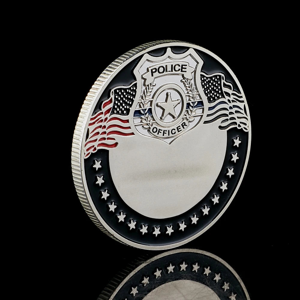 USA The Thin Blue Line To Protect And To Serve US Flag Police Officer Silver Plated Coin Collectible