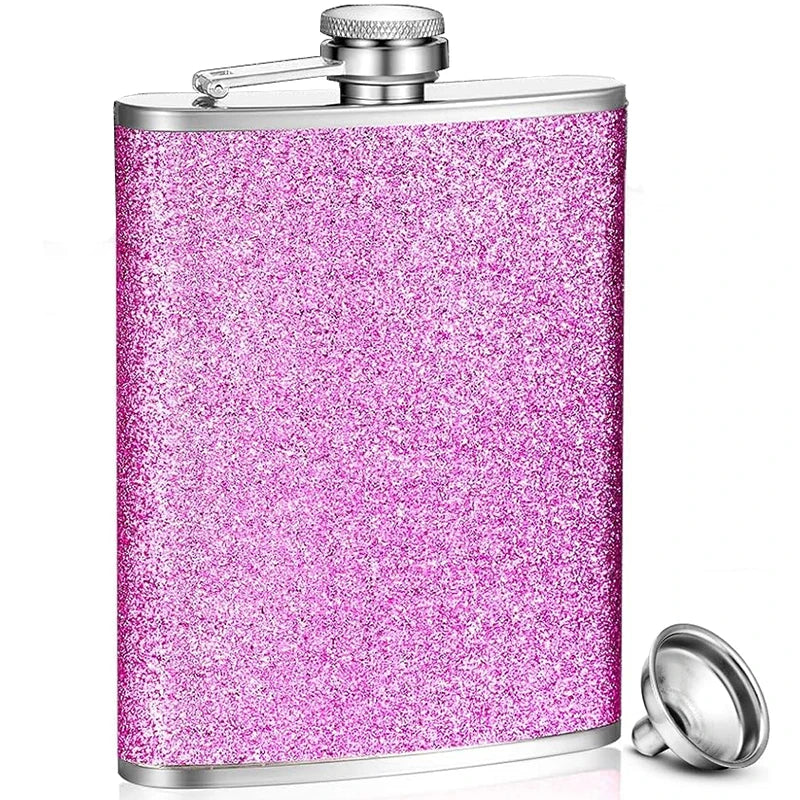 LMETJMA 8oz 230ML Hip Flask Stainless Steel Glitter Bling Liquor Flask for Women Leakproof Girl Whiskey Flask Pocket Flask JT376