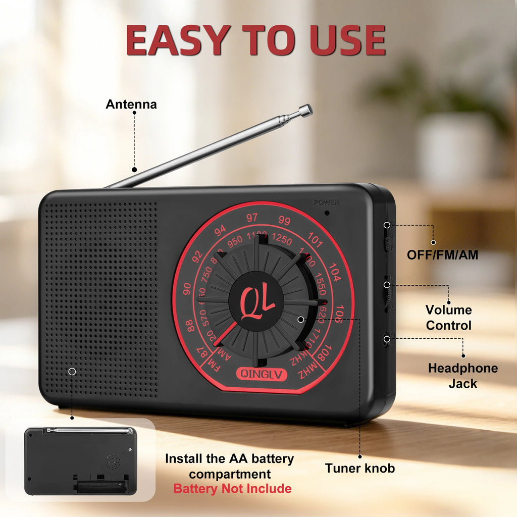Portable AM/FM Radio with Good Reception, Large Speaker, Easy Tuning Dial & Earphone Jack for Home, Outdoor and Emergency Use