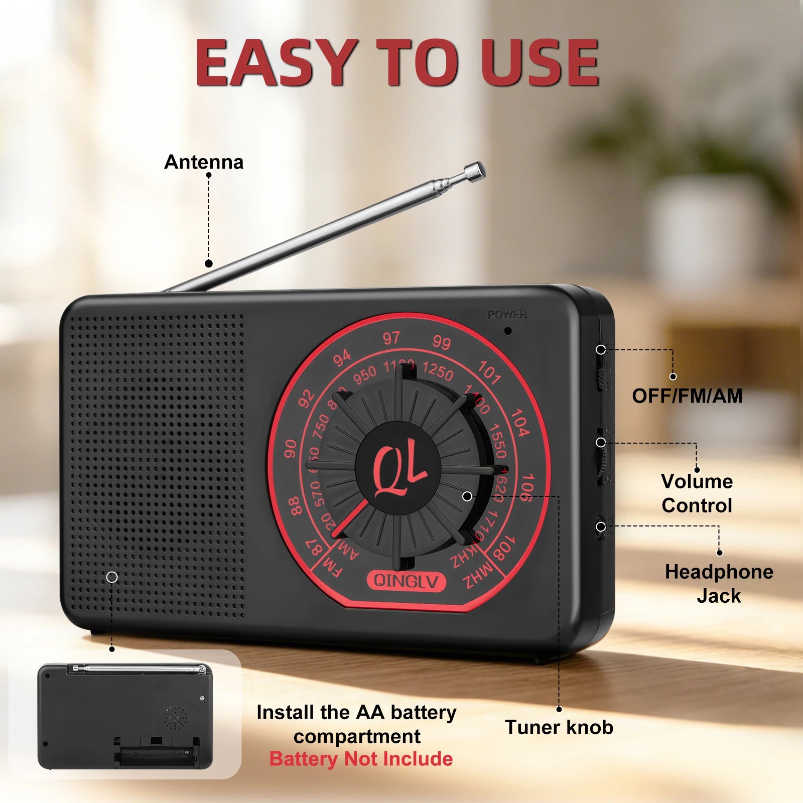 Portable AM/FM Radio with Good Reception, Large Speaker, Easy Tuning Dial & Earphone Jack for Home, Outdoor and Emergency Use