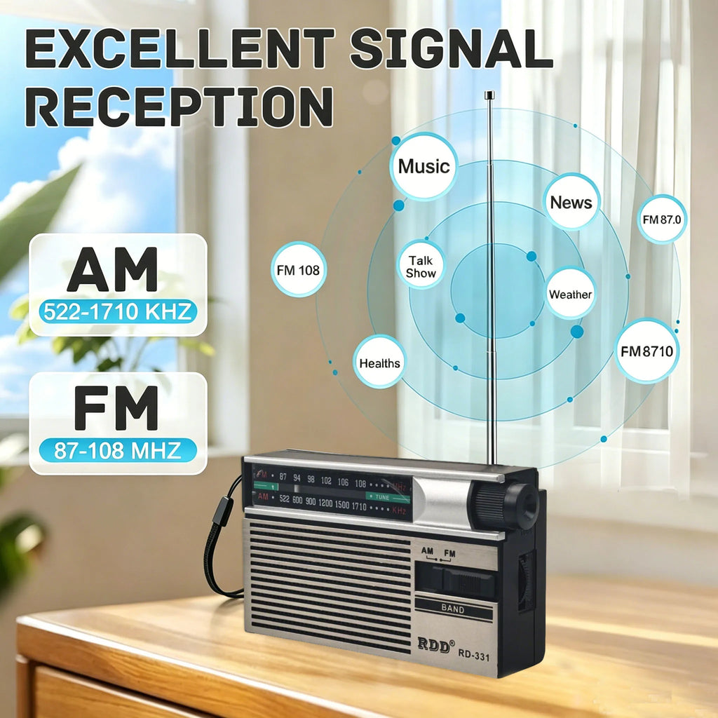 Mini Portable FM AM Radio Rehchargeable Vintage Dual Band Radios with Telescopic Antenna Rotary Switch 2 Power Supply for Elder