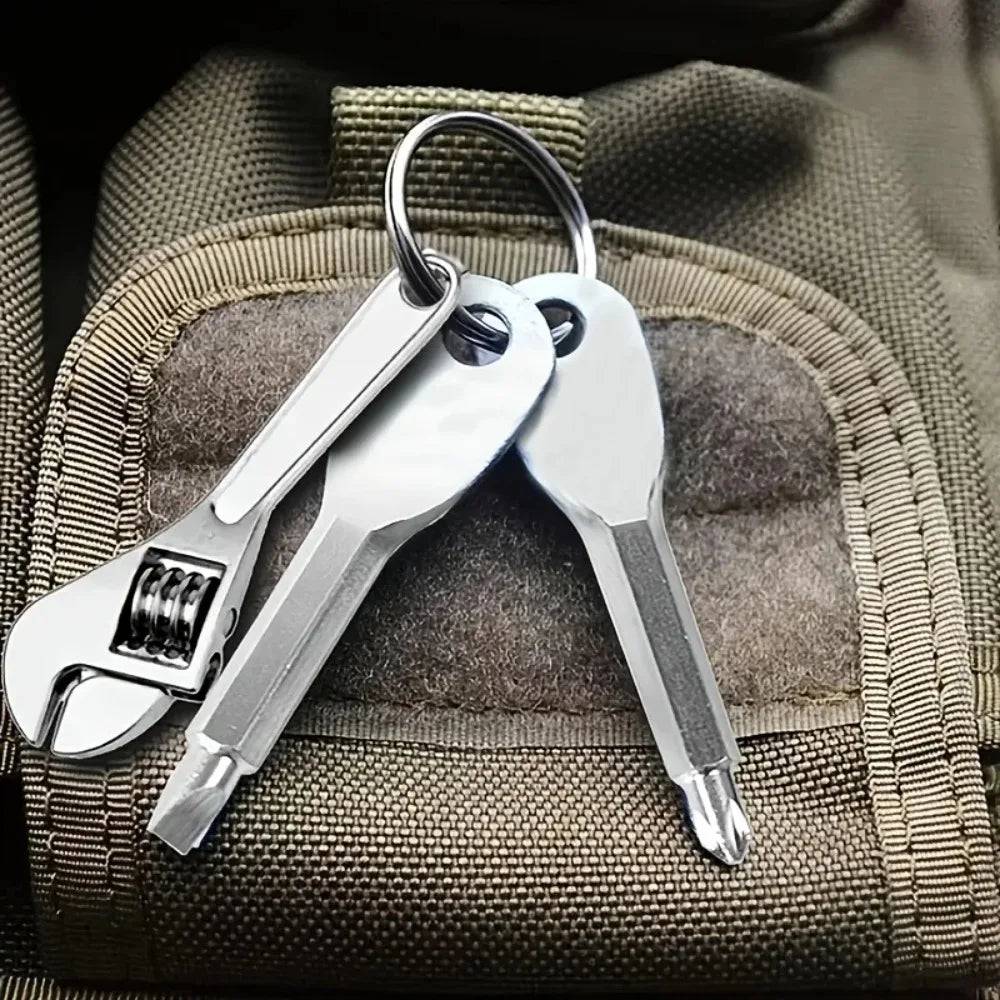 Pocket Mini Keychain Repair Tools Adjustable Small Wrench Slotted & Phillips Screwdriver Compact Metal Tool Kit with Keyring