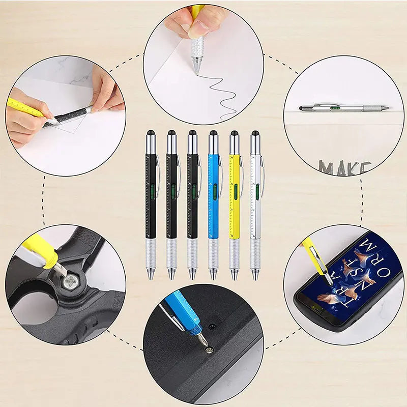 6-in-1 Multifunction Ballpoint Pen Handheld Tool with Measure Technical Ruler Screwdriver Touch Screen Stylus Spirit Level