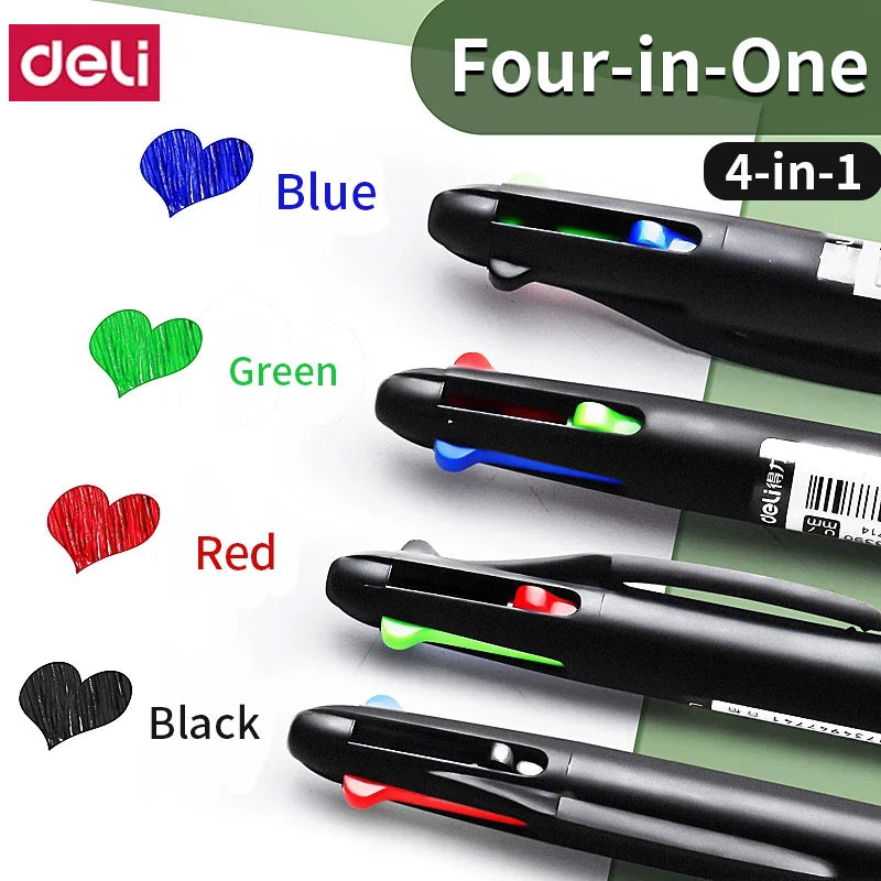 Deli Multi color Ballpoint Pen  Four color Ink Pen Color Atomic Pen Multi functional for Taking Notes and Marking Black Blue Red