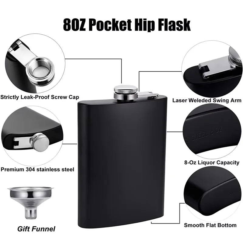 Camping Hip Flask 6 7 8oz Stainless Steel Black Hip Flask Set Leakproof Hip Flask with Funnel Alcohol Drinking Flask JT470