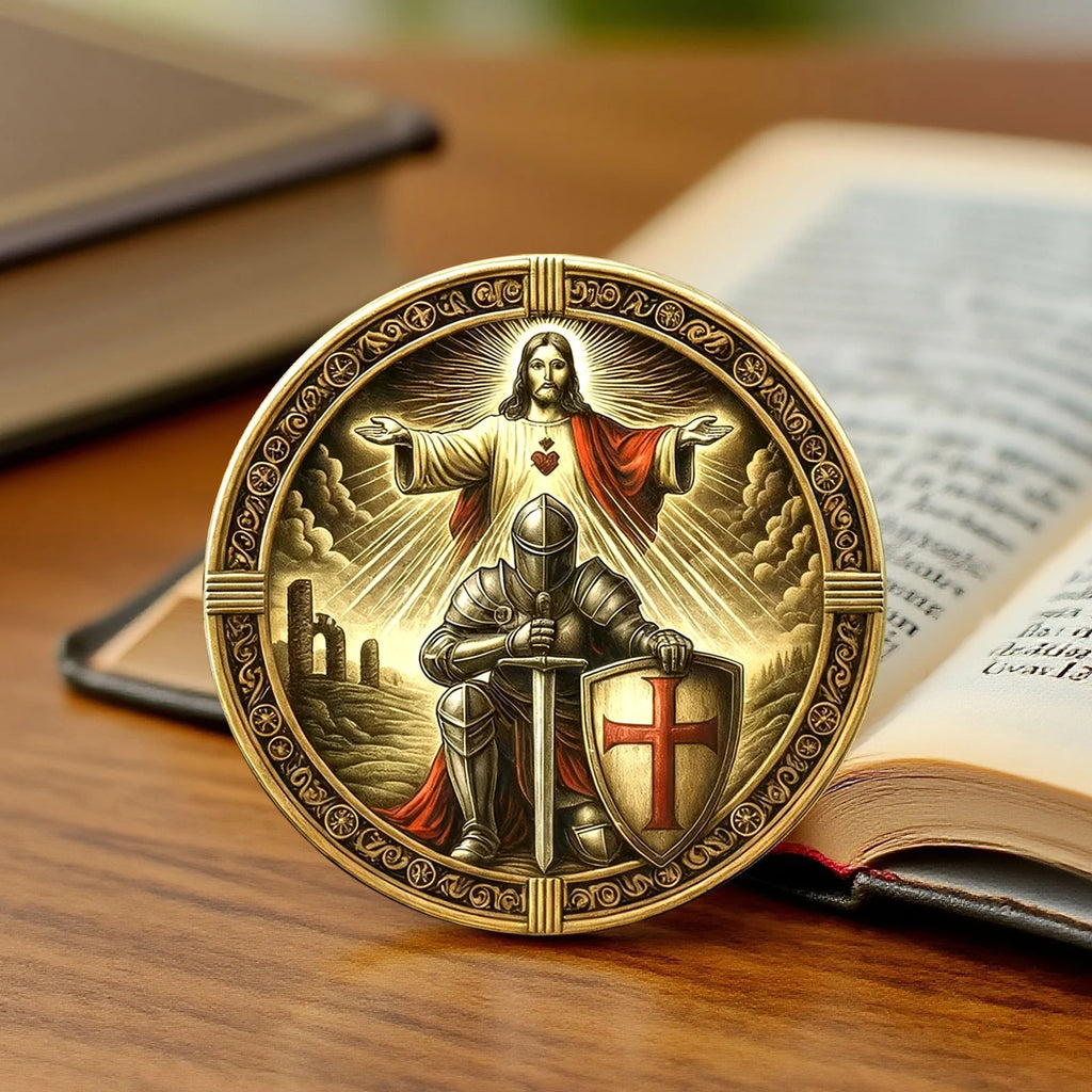 2D Armor of God Templar Coin Gold Plated Christian Challenge Coin with Knight and Jesus Design