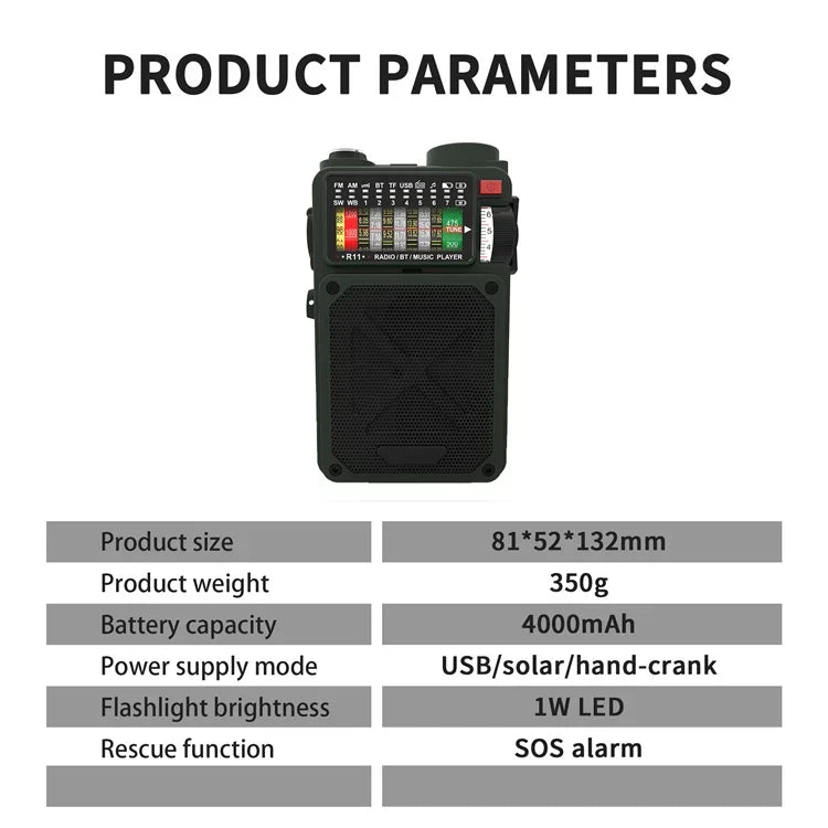 R11 Noaa Weather Radio Wireless Bluetooth Speakers Solar 4000mAh Self Powered Hand Crank Survival Wind Up AM/FM/SW/WB Band Radio