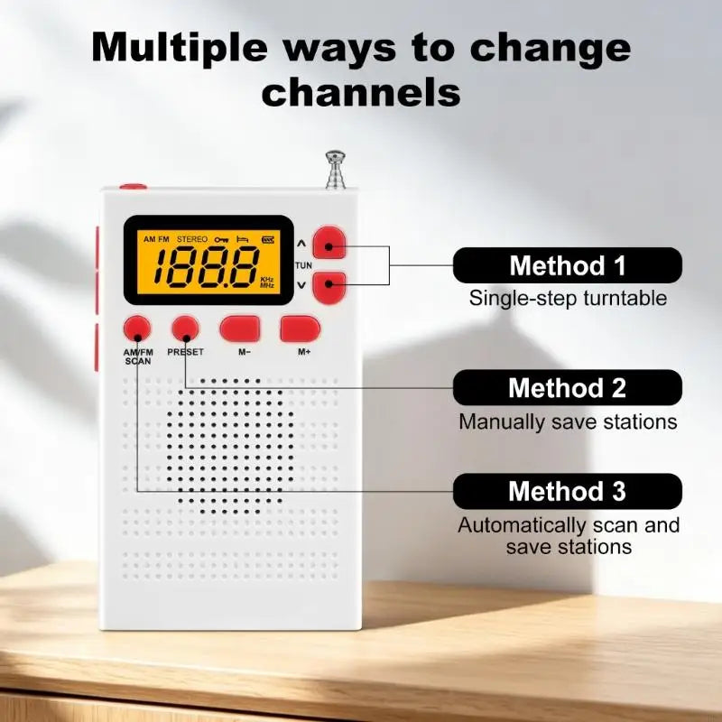 Portable Radio Mini FM Weather Radio Pocket Radio Player LCD Screen Digital Radio Long Distance Best Reception H8WD