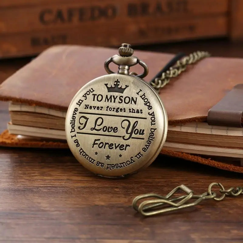 Vintage Pocket Watch "To My Son" Black Round Engraved Smooth Fob Chain Pocket Quartz Watch Fashion Necklace Pendant Clock Gift
