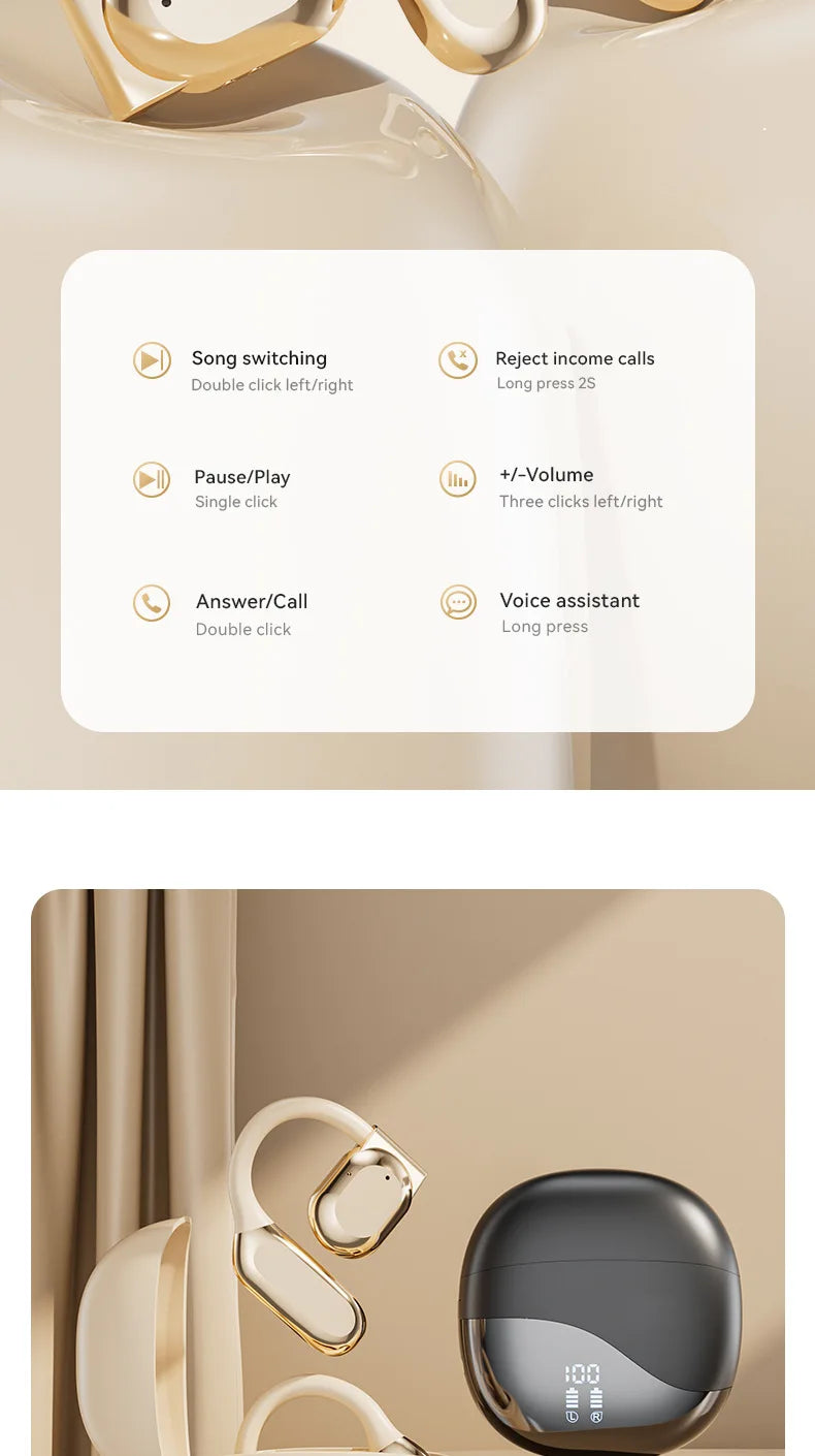 Wireless Bluetooth earbuds, simple over-the-ear design, non-intrusive, open sound quality, business style, with battery display