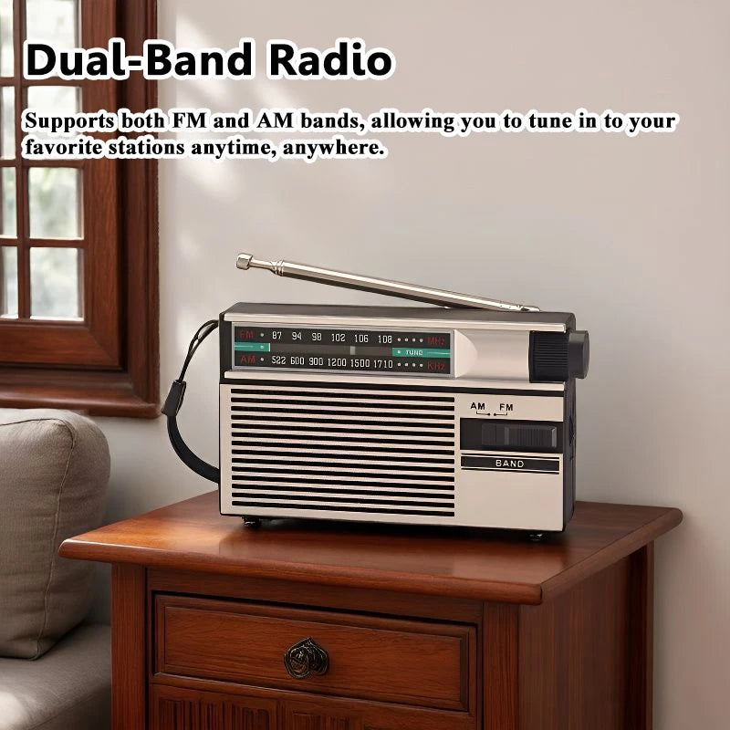 Mini Portable FM AM Radio Rehchargeable Vintage Dual Band Radios with Telescopic Antenna Rotary Switch 2 Power Supply for Elder