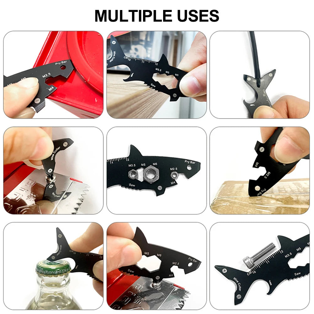 Multi-function 15 in 1 Shark Shaped Outdoor Bottle Opener Wallet Tool Card Stainless Pocket Screwdriver Survival Tool Keychain