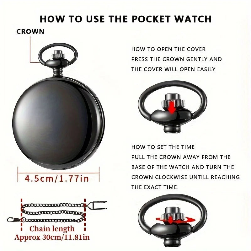 Vintage Pocket Watch "To My Son" Black Round Engraved Smooth Fob Chain Pocket Quartz Watch Fashion Necklace Pendant Clock Gift